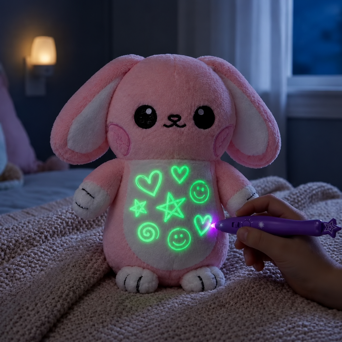 Ilustración de la Conejita Dibuli y el bolígrafo de luz en una escena de noche