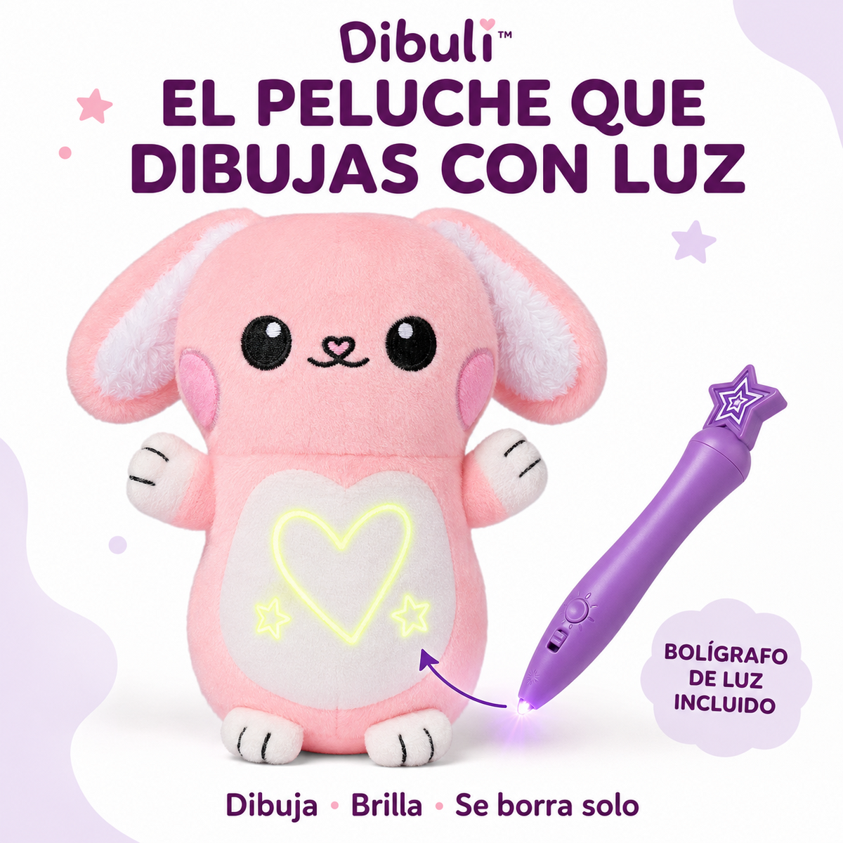 Conejita Dibuli rosa y blanca con dibujos de luz verde y bolígrafo de luz incluido