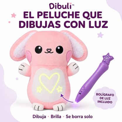 Conejita Dibuli rosa y blanca con dibujos de luz verde y bolígrafo de luz incluido