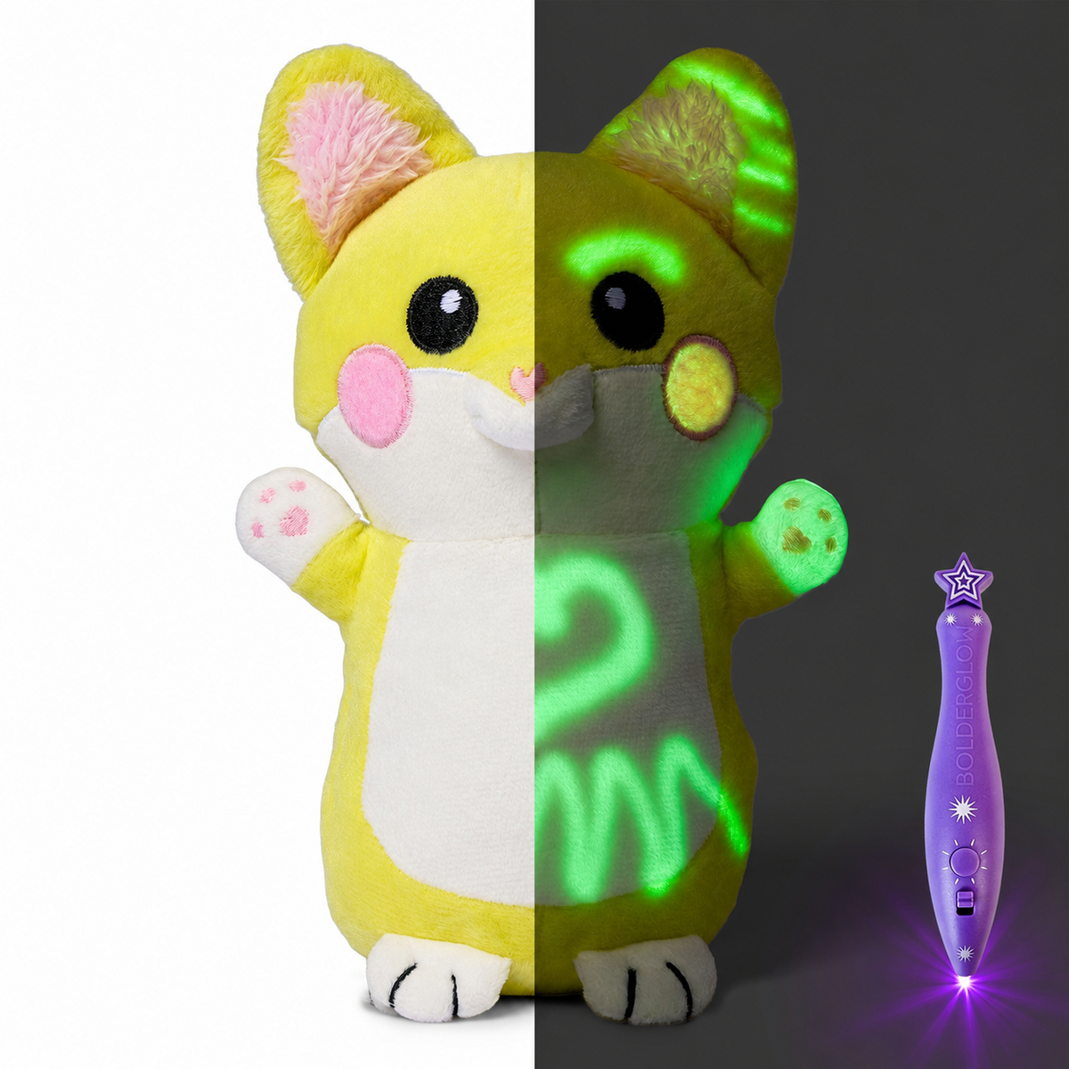 Gatito Dibuli: ilustración de su aspecto de día y con trazos de luz en la oscuridad