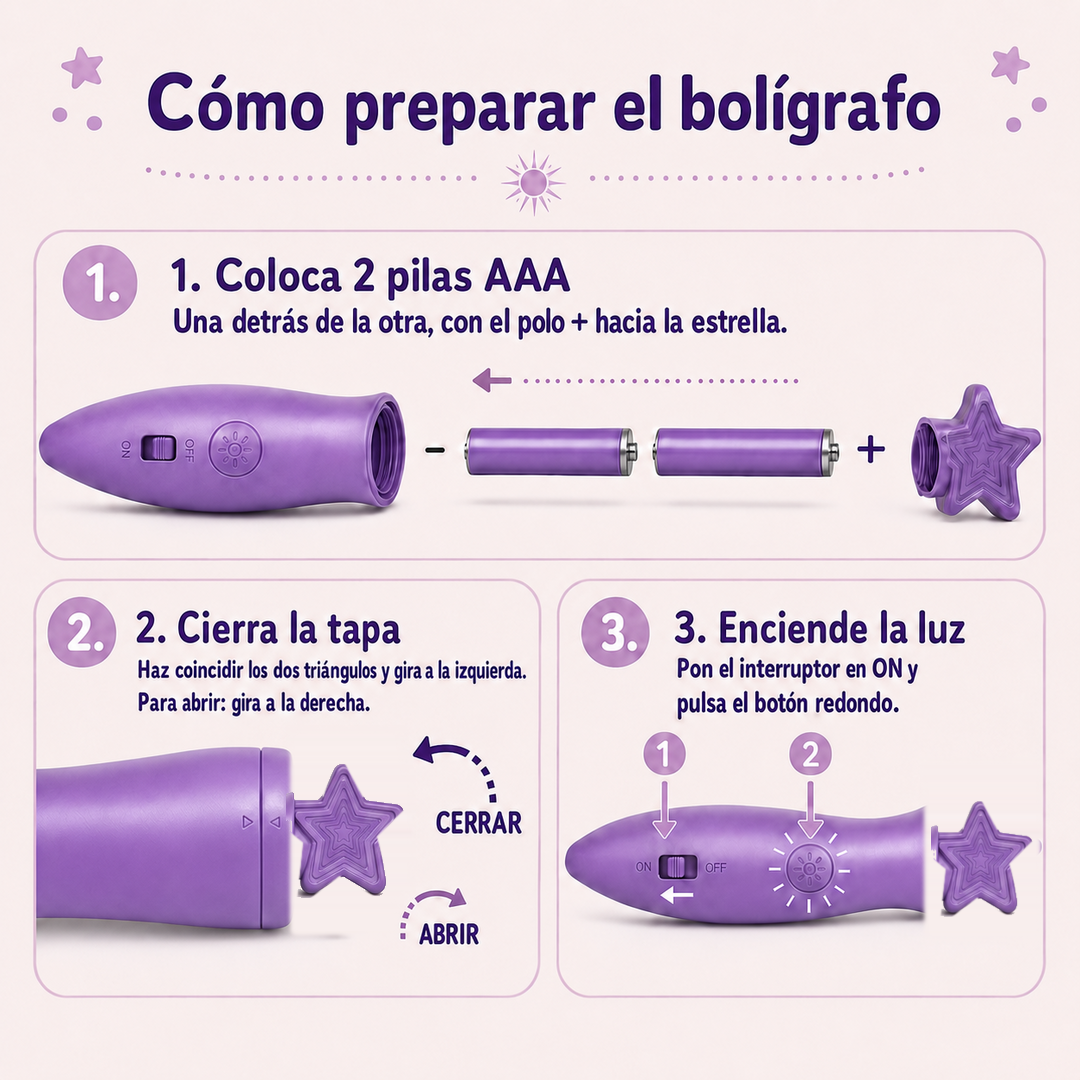 Guía de preparación del bolígrafo de luz Dibuli con dos pilas AAA no incluidas