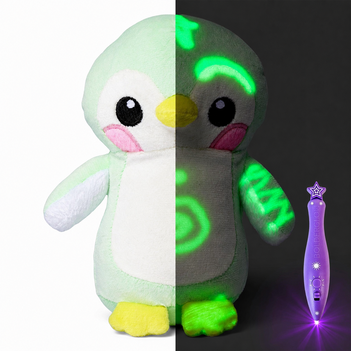 Pingüino Dibuli: ilustración de su aspecto de día y con trazos de luz en la oscuridad